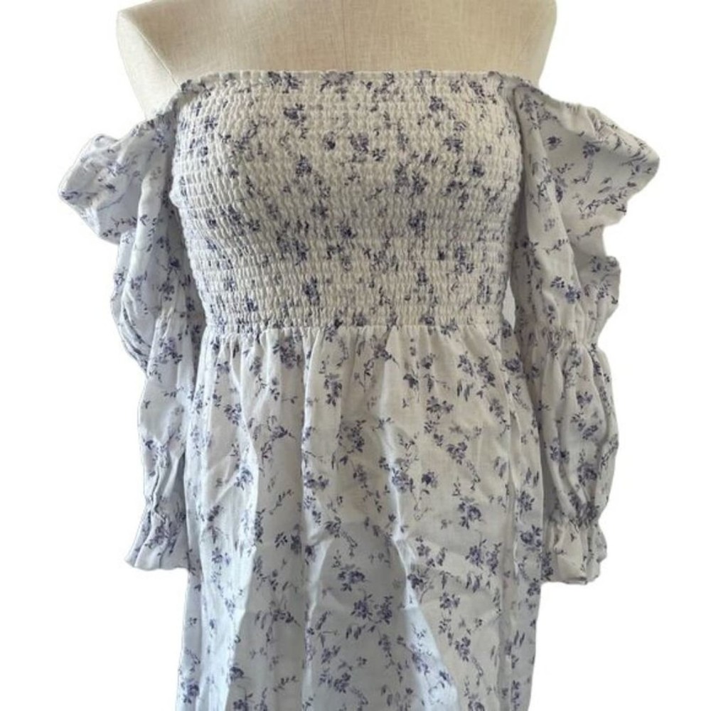 Reformation Midi Dress Smocked Puff Sleeves White Linen Floral Long Slit Medium - Picture 6 of 15